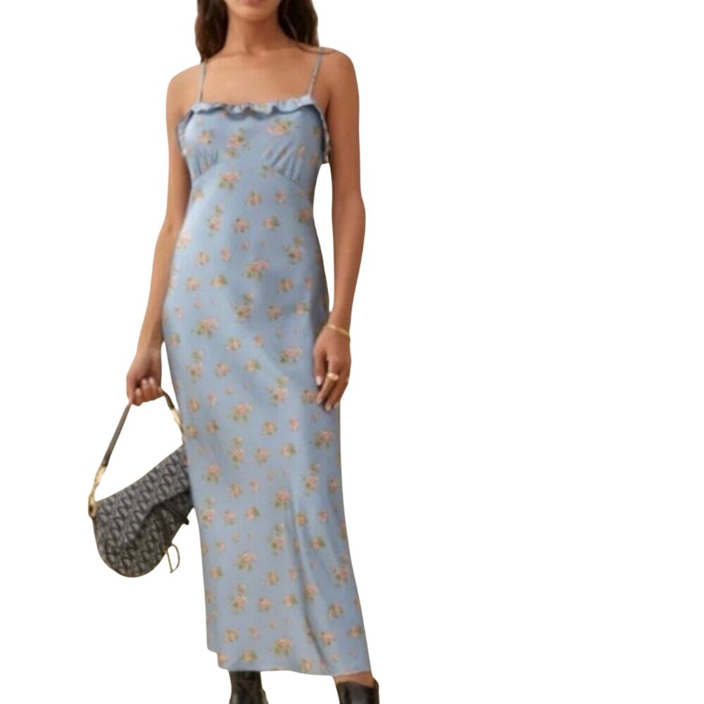 NWT Reformation Aribella 100% Silk‎ Midi Dress Cora Blue Floral Size Large Sumer